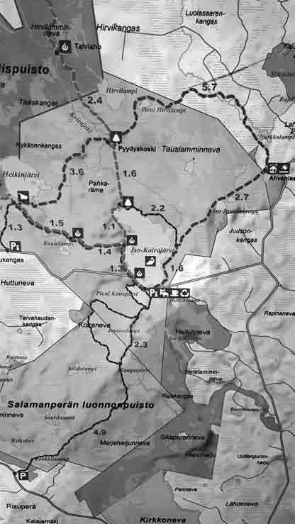 Salamajärven kansallispuisto Perustettu 1982, Keski-Pohjanmaa Suo- ja metsäpuisto, useita reittejä, reippaasti yli 100km vaellettaa, mahdollista liikkua myös soutaen ja meloen.