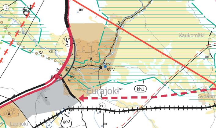 Ote Satakunnan maakuntakaavasta, suunnittelualue on merkitty keltaisella. Yleiskaavoitus Eurajoen kunnanvaltuuston 15.6.