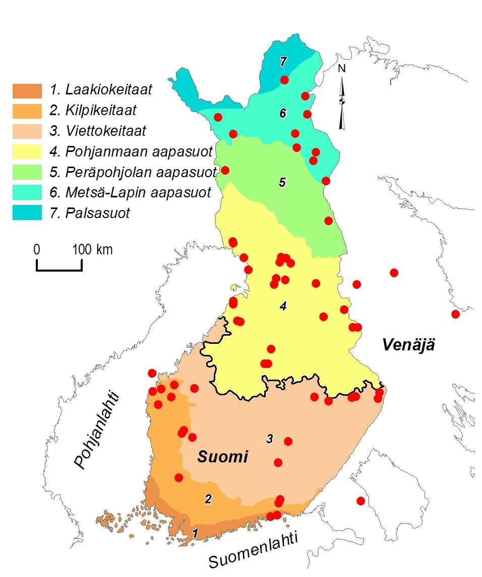 ojitusasteeltaan ja ravinteisuudeltaan erilaisia rahka- ja sarasoita eri puolilla Suomea. Soista neljä sijaitsee Venäjän Karjalassa (kuva 1). 2 Kuva 1. Tutkimuskohteet ja suoyhdistymätyypit.