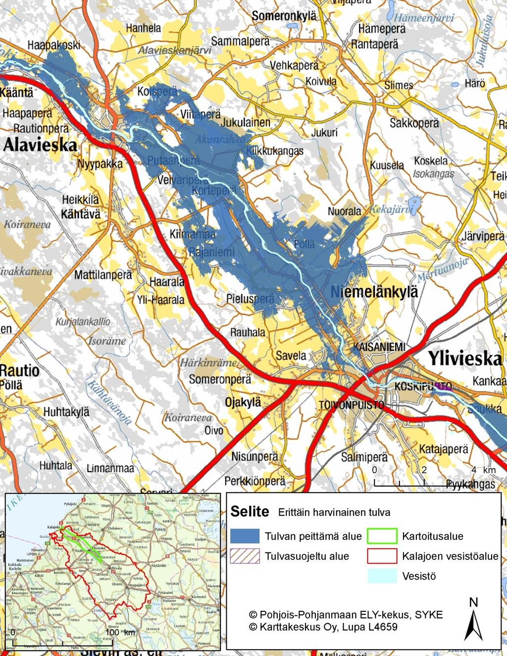 Kuva 1. Merkittävä tulvariskialue Alavieska-Ylivieska. Kartassa on esitetty tulva-alue, joka kuvaa erittäin harvinaista tulvaa.