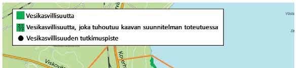 Kuva 14. Koverhar ja kaavan suunnittelualue. Vesikasvillisuuden esiintyminen on kuvattu vihreällä värillä.