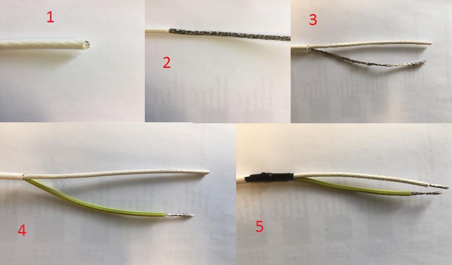 20 Kuva 16. Vakiovastuskaapelin kytkentäpään tekeminen [13.] 1. Kuoritaan ulkovaippa noin 15 cm verran vahingoittamatta vaipan alla olevaa suojapunosta. 2. Poistetaan kuorittu ulkovaippa. 3.