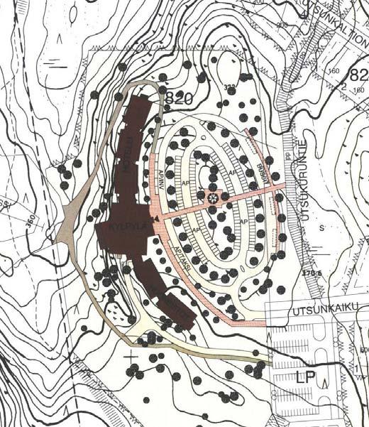 17 VAIHTOEHTO 3 - Rakentaminen hotellisuunnitelman mukaisesti Hotellirakennus sijoittuu Utsuvaaran laen maastoa mukaillen alemmas länteen avautuvaan