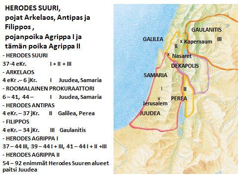 Herodeksen sukuun kuuluvat hallitsijat, heidän hallituskautensa ja alueensa Herodeksen sukuiset hallitsijat Uudessa testamentissa I Juudea II Galilea ja Perea III Gaulanitis 1.