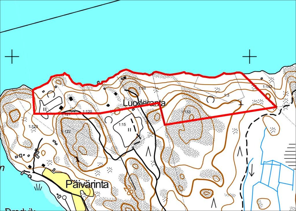 Kaava-alue maastokartalla puneella rajattuna. Muutosalue koskee alueen itäpuoliskoa. 1.2 Kaavan nimi ja tarkoitus Kaavan nimi Eteläsaariston rantayleiskaavan muutos, Heisala Nedergård.
