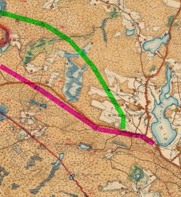 7 Ote ns. senaatinkartasta 1800-1900 lukujen taitteesta. Ylöjärvi keskellä oik. Nykyinen vt. 3 piirretty päälle punaisella ja uusi linjausvaihtoehto vihreällä.