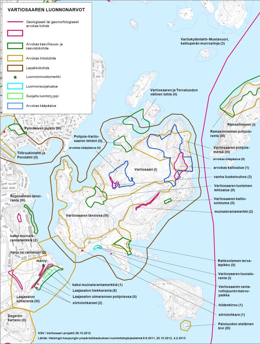 A r v o k k a a t l u o n t o k o h t e e t Helsingin kaupungin ympäristökeskuksen luontotietojärjestelmä Luonnonsuojelualue: Rantaruttojuuren esiintymä Lepakkokohde (I) Geologiset kohteet (1,2,3)