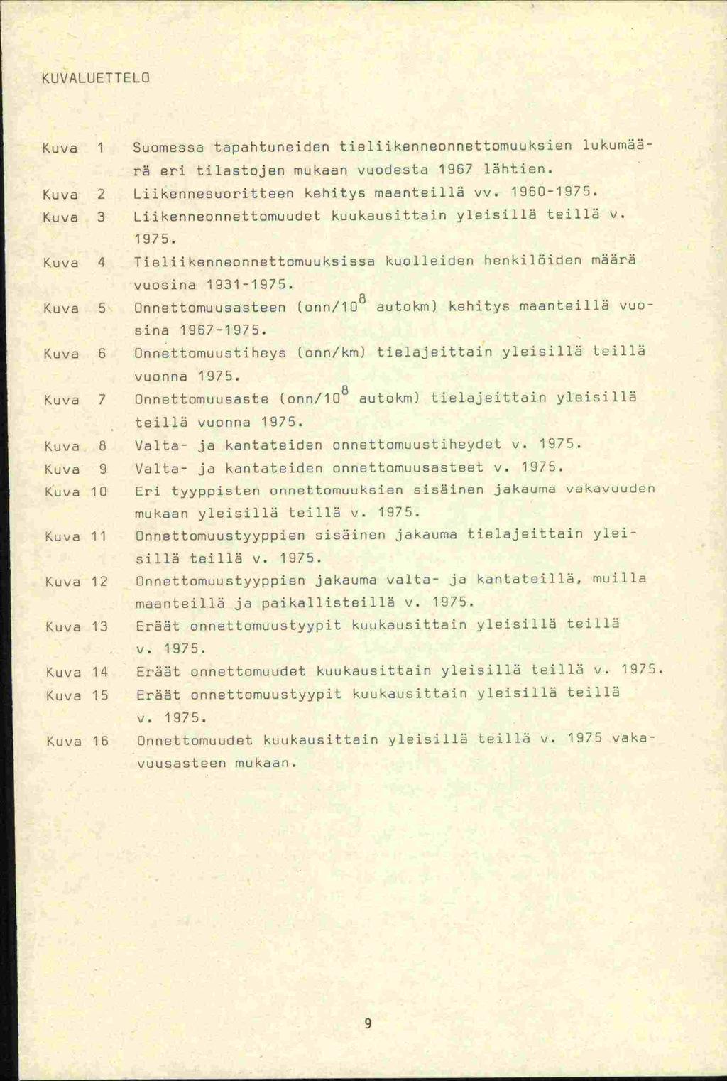 KU VALUETTE LO Kuva 1 Suomessa tapahtuneiden tieliikenneonnettomuuksien lukumäärä eri tilastojen mukaan vuodesta 1957 lähtien. Kuva 2 Liikennesuoritteen kehitys maanteillä vv. 1960-1975.