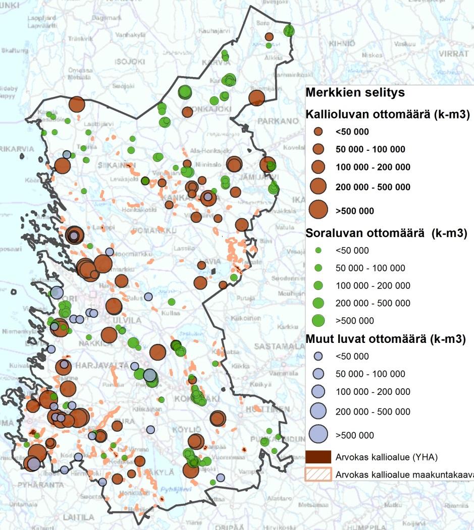 arvokkaiden maaperämuodostumien sijainti Satakunnassa. (Luvat oli myönnetty vuosina 2003 2013/2014.) Kuva 41.