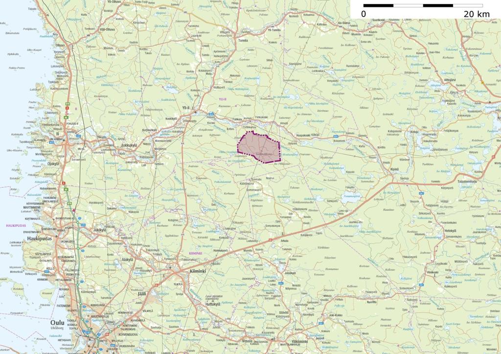 Iin Pahkakosken tuulivoimapuisto 4 (50) 2 HANKEALUE JA HANKKEEN KUVAUS 2.1 Sijainti ja alueen kuvaus Hankealueen koko on noin 2550 ha.