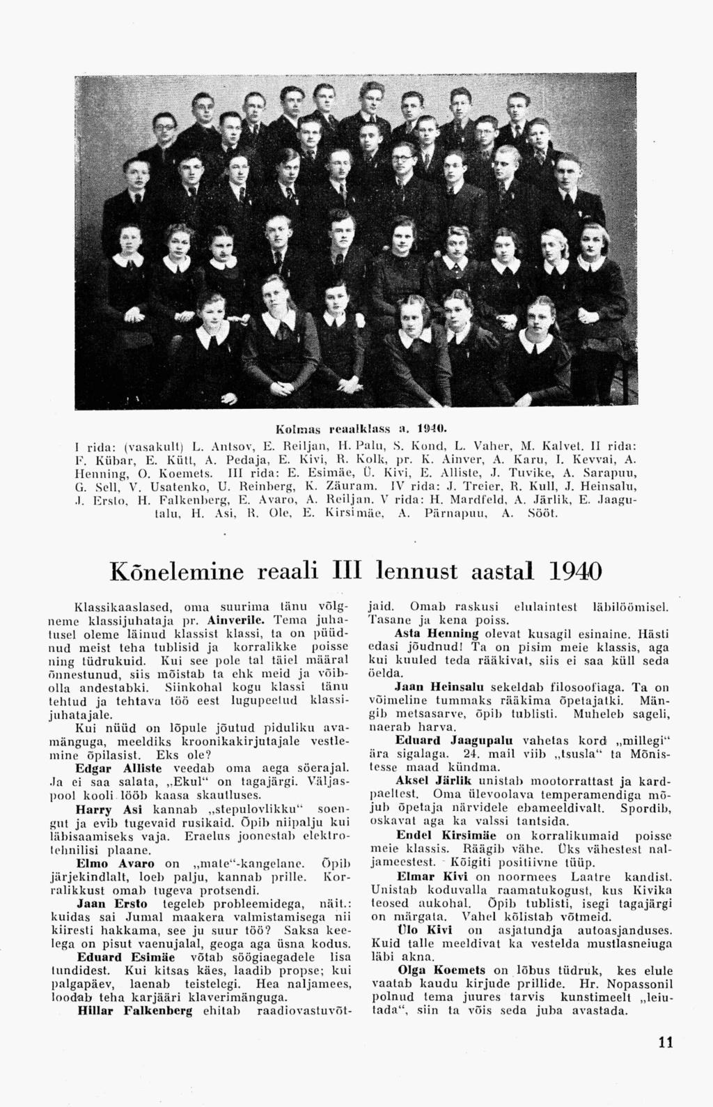 Kolmas reaalklass a, 1940. I rida: (vasakult) L. Antsov, E. Reiljan, H. Palu, S. Kolid, L. Vaher, M. Kalvet. II rida: F. Kübar, E. Kiin, A. Pedaja, E. Kivi, R. Kolk, pr. Iv. Ainver, A. Karu, I.
