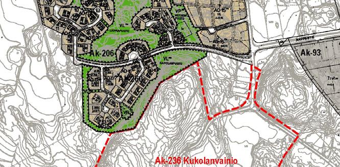 Ympäristövirasto / TL 12.03.2013 sivu 6/7 4.3 Asemakaava Suunnittelualueen luoteisosassa on voimassa Kukolanvainion (Ak-236) asemakaava. Muilta osin välitön lähiympäristö on asemakaavoittamatonta.