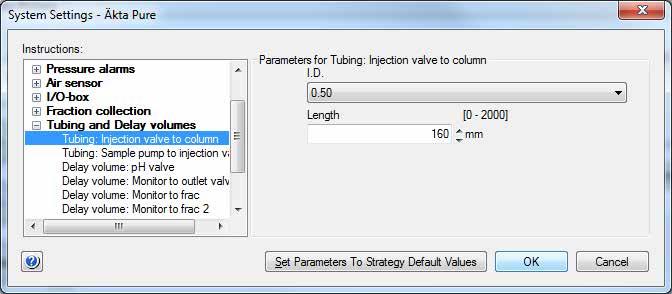 5 Valmistele järjestelmä ajoa varten 5.5 Painehälytykset Vaihe 2 Toimi Valitse Tubing and Delay Volumes. ja Valitse Tubing: Injection valve to column.