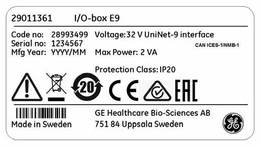 2 Turvaohjeet 2.2 Merkinnät I/O box E9 -laitteen merkintä I/O-box-laatikon sarjanumero on painettu I/O-box-laatikon laitemerkintään, joka sijaitsee I/O-box-laatikon takana.