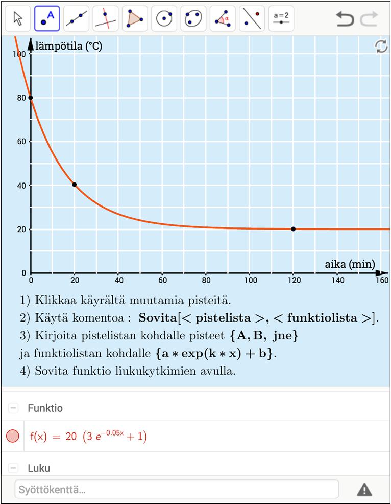 73. a) Sovitetaan funktio appletin avulla. Appletti antaa funktion lausekkeeksi f(x) = 20(3e 0,05x + 1) = 60e 0,05x + 20.