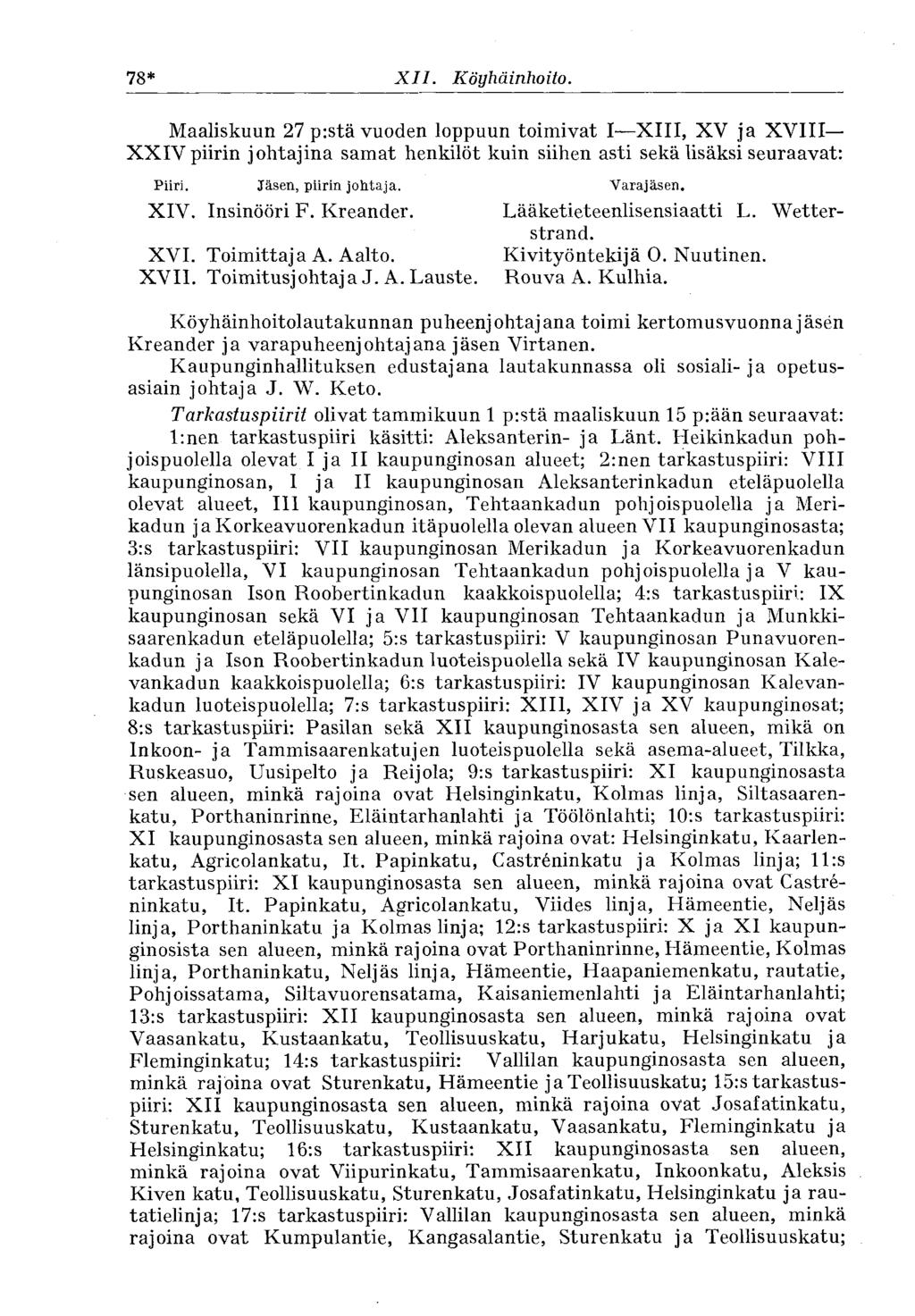 78* XII. Köyhäinhoito. Maaliskuun 27 p:stä vuoden loppuun toimivat I XIII, XV ja XVIII XXIV piirin johtajina samat henkilöt kuin siihen asti sekä lisäksi seuraavat: Piiri. Jäsen, piirin johtaja. XIV.