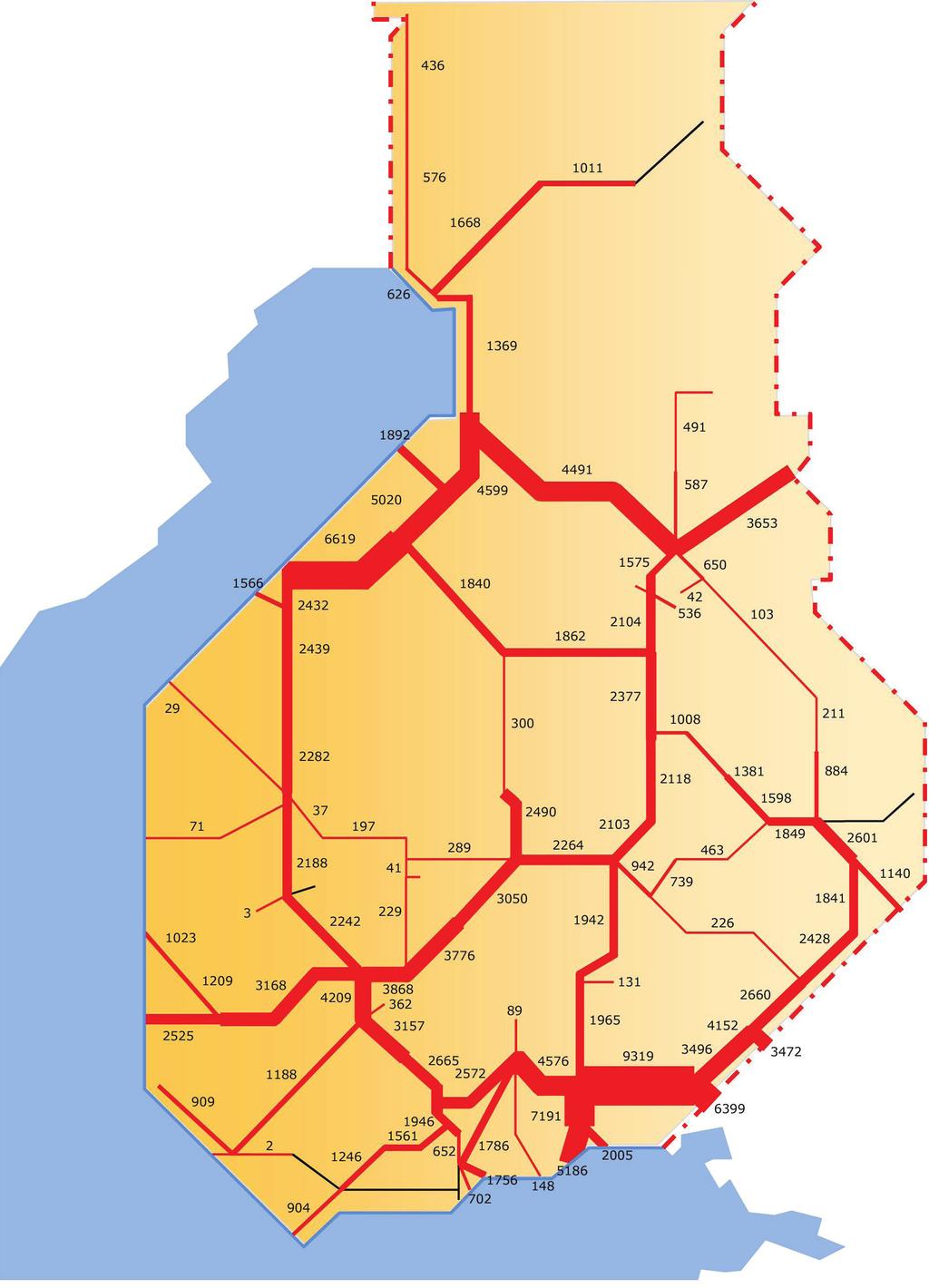 13 Kuva 3. Tavaraliikenteen nettotonnit (1000 tonnia), ennuste vuodelle 2035. (Liikennevirasto 2014e) Taulukko 2. Junamääräennuste vuodelle 2035.