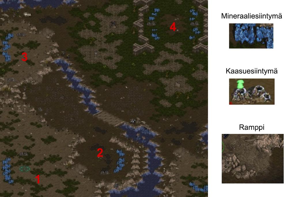 Kuva 1: Esimerkki pelikartan osasta Pelin alussa pelaaja omistaa Command Center -rakennuksen, 4 tyo la ista ja 50 mineraalia.