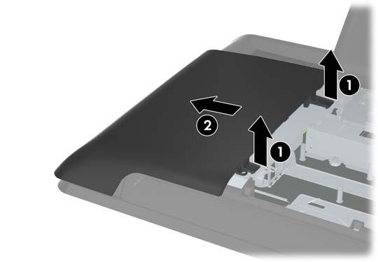 7. Voit poistaa muistin huoltopaneelin vetämällä ylöspäin kahdesta kiinnikkeestä paneelin sisäreunassa (1) ja liu'uttamalla paneelin pois tietokoneesta (2).