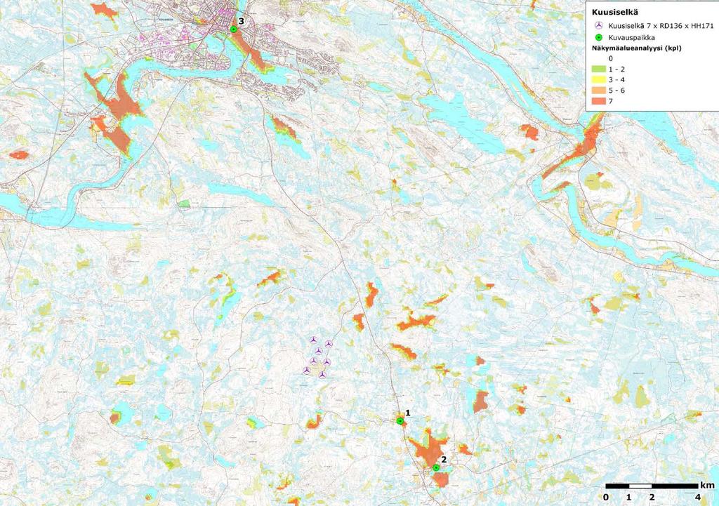 Kuusiselän osayleiskaavan vaikutukset 22.12.2016 5 (10) metrin etäisyydellä niitä ei enää erota. Torni voi erottua yli 20 kilometrin päähän hyvissä sääja valaistusolosuhteissa.