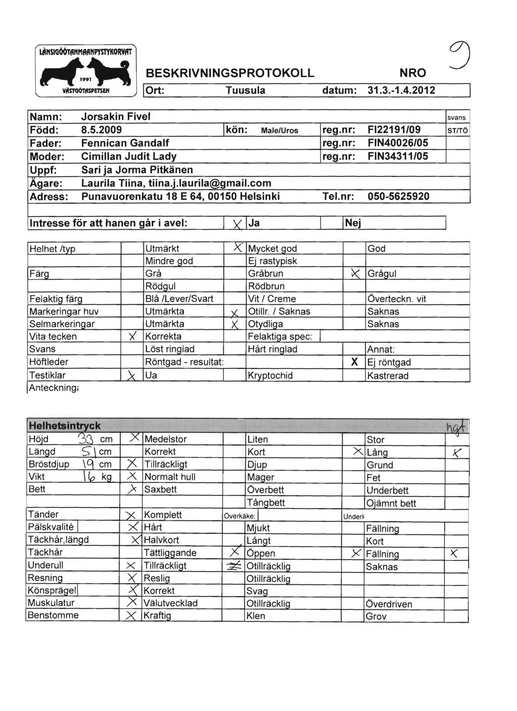 LA"S~00T~"M~6"pr,rryKORY~ ~"~ BESKRIVNINGSPROTOKOLL NRO,--_V_AmI01'A_ o_spel's_elf -, lort: Tuusula datum: 31.3.-1.4.2012 Namn: Jorsakin Fivel Fodd: 8.5.2009 Ikon: Male/Uros reg.