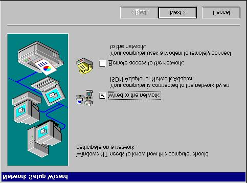 3. Ilmestyy tiedote, että Windows NT:n verkko-ohjelmaa ei ole asennettu. Näpäytä Yes asentaaksesi verkkotuen. Network Setup Wizard käynnistyy. 4.