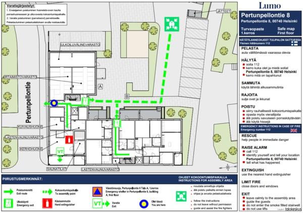 Sivu 8 / 25 3. Rakennuksen turvallisuusjärjestelyt 3.1. Turvallisuusopasteet Turvallisuusopasteet ovat piirustuksia, joihin on merkitty hätätilanneohjeiden lisäksi turvallisuuteen liittyviä tietoja.