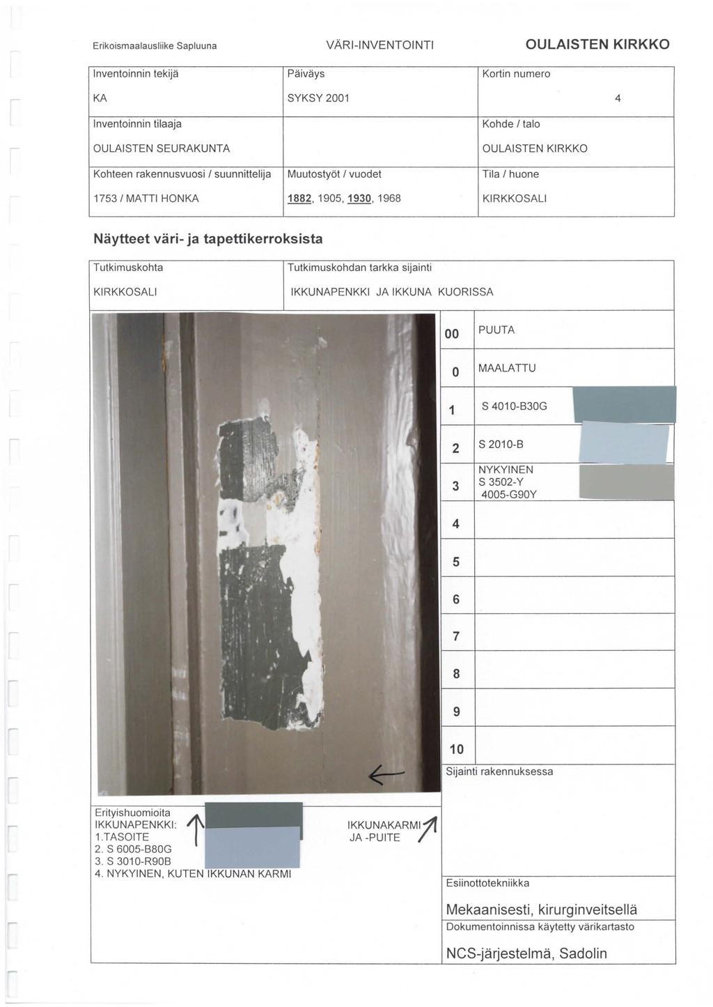 Erikoismaalausliike Sapluuna VÄRl-INVENTOINTI lnventoinnin tekijä Päiväys Kortin numero KA SYKSY 1 Kohteen rakennusvuosi / suunnittelija Muutostyö!