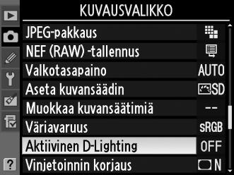 Käytä Aktiivista D-Lightingia seuraavalla tavalla: 1 Valitse [Atiivinen D-Lighting]. Korosta kuvausvalikosta (s. 290) kohta [Aktiivinen D-Lighting] ja paina 2. 2 Valitse vaihtoehto.