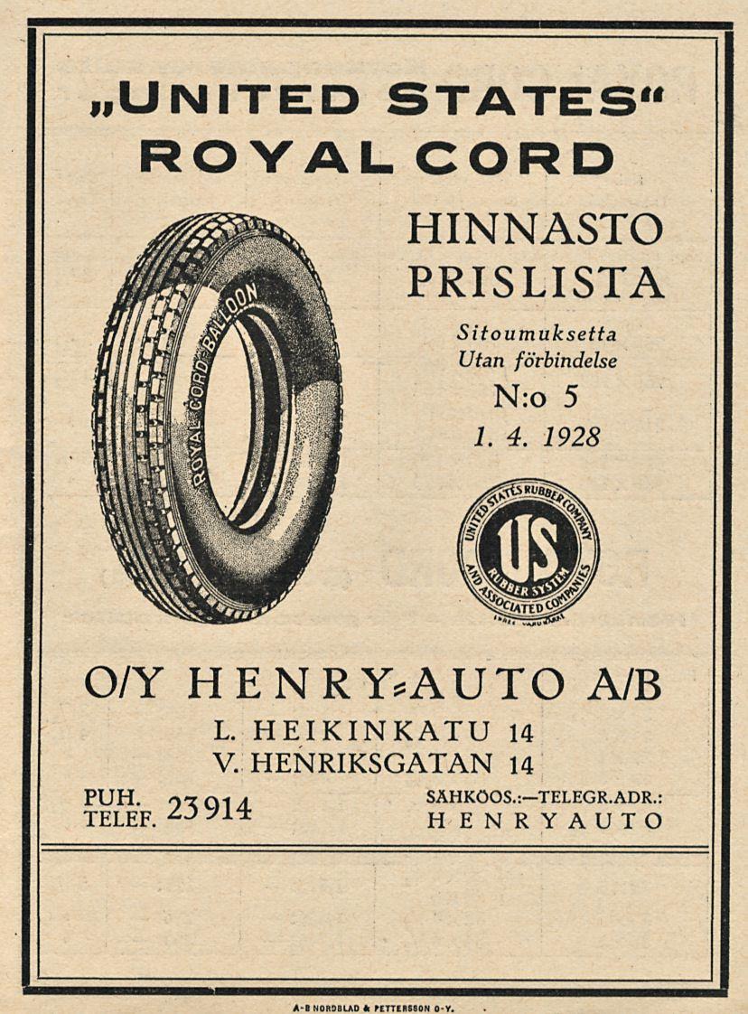 UNITED STATES" ROYAL CORD HINNASTO PRISLISTA Sitoumuksetta Utan förbindelse N:o 5 1. 4. 1928 O/Y HENRMUTO A/B L.