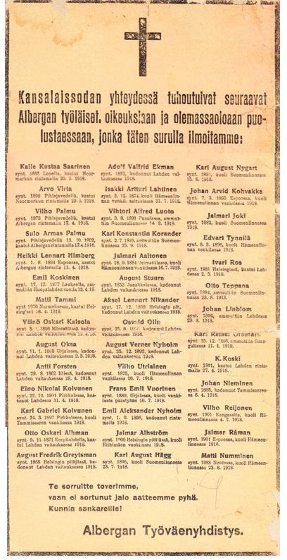 Albergan työväenyhdistyksen ilmoitus syksyllä 1918 41 menehtynyttä yhdistyksen