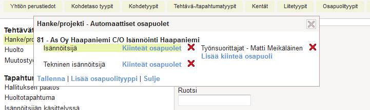 2.2.3. Automaattiset osapuolet (KH rekisteri) Tehtävä-/ tapahtumatyypeillä pystytään määrittelemään automaattiset osapuolet tehtäville.