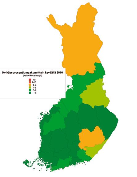 Y l i o p p i l a s t u t k i n t o 2 0 1 0 35 KUVIO 3.1.2 Hylkäysprosentit maakunnittain kevään 2010 ylioppilastutkinnossa.