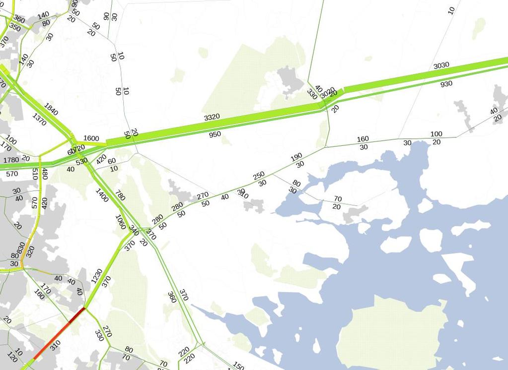 Näistä yli 70 % tulee Söderkullan suunnasta. Autoliikenteen kuormitusennuste, aamuhuipputunti v. 2015.