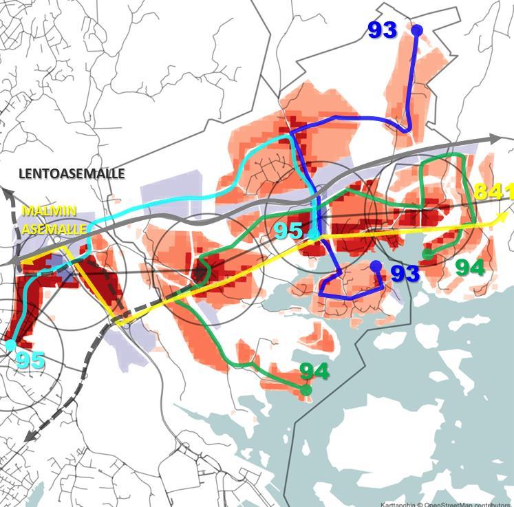 Joukkoliikennelinjaston kuvaus Yleiskaava-alueen joukkoliikennelinjasto tavoitetilanteessa 2050. Joukkoliikennejärjestelmä perustuu metroon ja sitä syöttävään liityntälinjastoon.