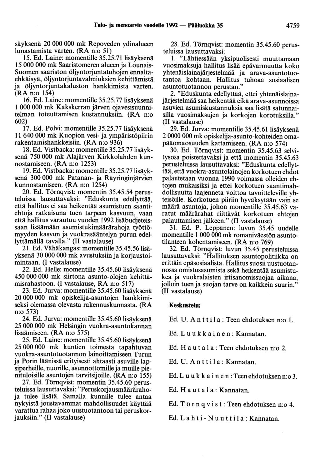Tulo- ja menoarvio vuodelle 1992 - Pääluokka 35 4759 säyksenä 20 000 000 mk Repoveden ydinalueen lunastamista varten. (RA n:o 51) 15. Ed. Laine: momentille 35.25.