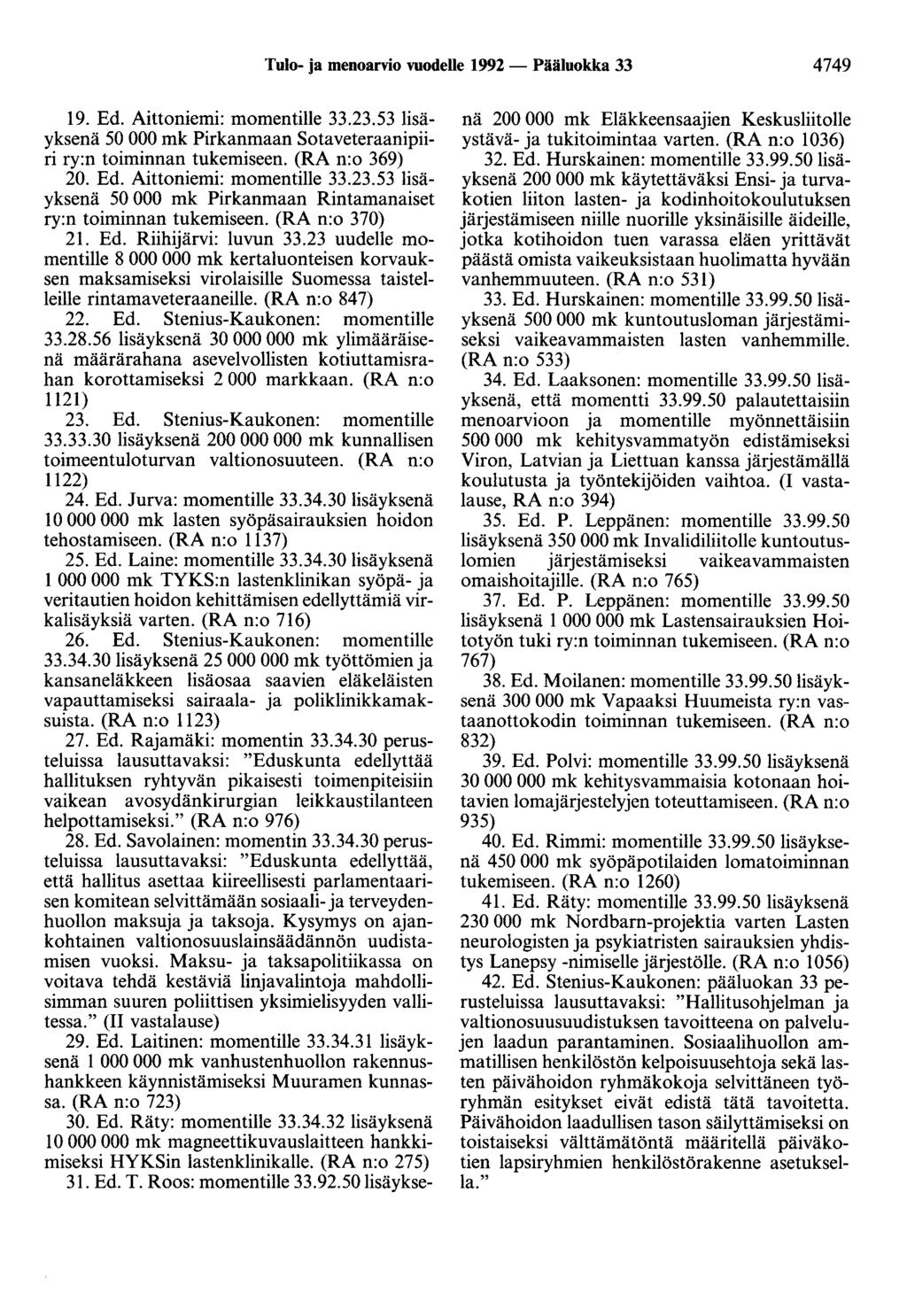 Tulo- ja menoarvio vuodelle 1992 - Pääluokka 33 4749 19. Ed. Aittoniemi: momentille 33.23.53 lisäyksenä 50 000 mk Pirkanmaan Sotaveteraanipiiri ry:n toiminnan tukemiseen. (RA n:o 369) 20. Ed. Aittoniemi: momentille 33.23.53 lisäyksenä 50 000 mk Pirkanmaan Rintamanaiset ry:n toiminnan tukemiseen.
