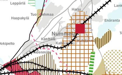 Nummelan keskustatoimintojen alue on osoitettu punaisella neliöllä, mutta maakuntakaavan määräyksen mukaisesti keskustatoimintojen alueen sijainti ja laajuus määrittyy tarkemmin