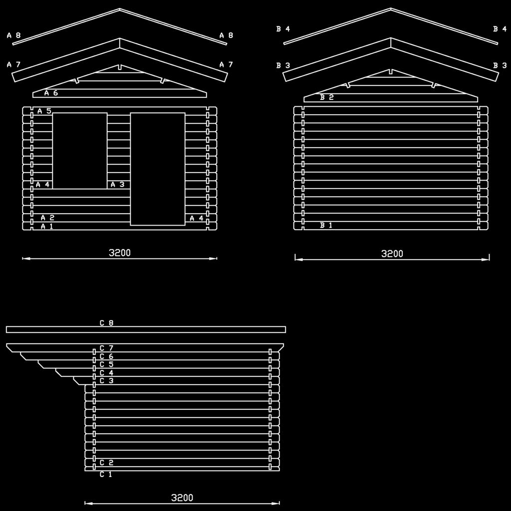Lillevilla 22 3000 mm x 3000 mm + terassi 1500 mm / 44 mm Seinä A Vägg A Seinä B Vägg B