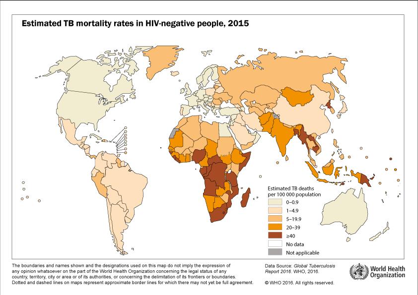 Kuva 4. Tuberkuloosiin kuolleisuus (ei HIV-positiiviset) maailmalla vuonna 2015.