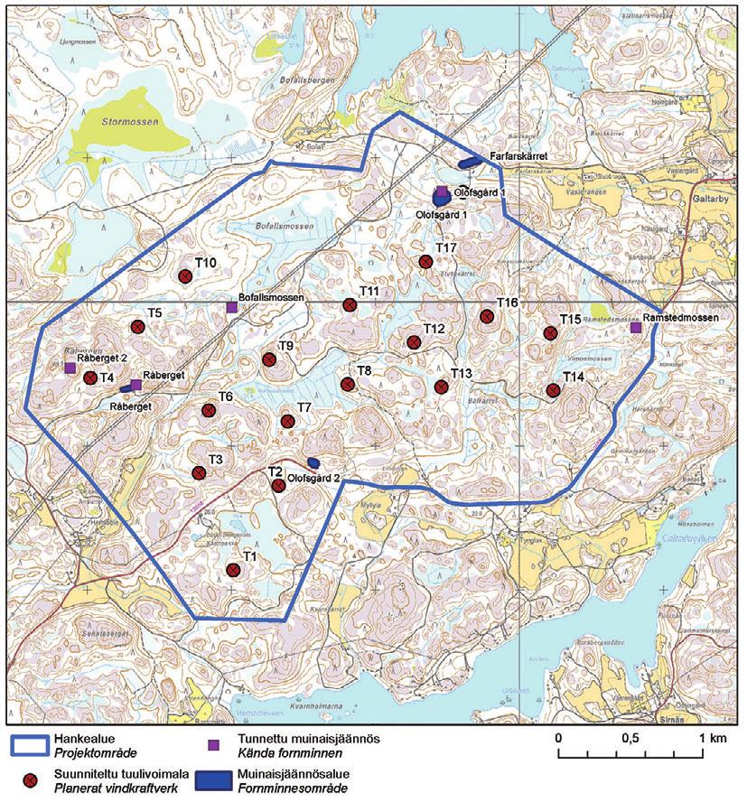 Kuva 7 16. Hankealueella sijaitsevat tunnetut muinaisjäännökset (Museovirasto 2012). 7.8 