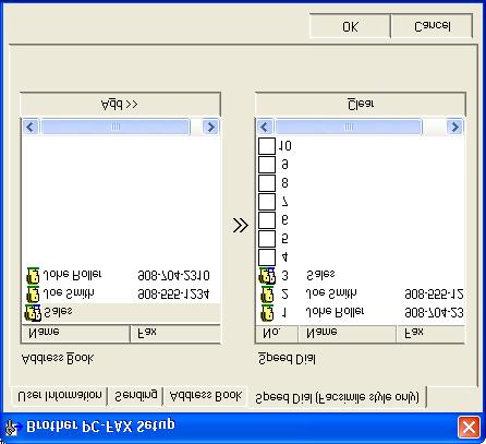 Lyhytvalinta-asetukset Napsauta Brother PC-FAX Setup -valintaruudusta Speed Dial -välilehteä. (Tämä toiminto on käytössä vain Facsimile Style (Faksityyli) -käyttöliittymässä.