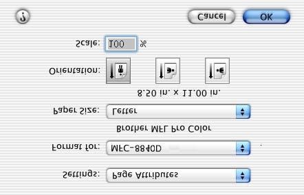 Brother-tulostinohjaimen käyttö Apple Macintosh (Mac OS X) -tietokoneen kanssa Sivun asetusten valitseminen 1 Napsauta sovellusohjelman (esim. Presto!