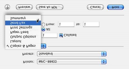1 Luo asiakirja Macintosh -sovelluksessa 2 Lähetä faksi valitsemalla File (tiedosto) -valikosta
