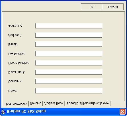 Käyttäjätietojen asettaminen Avaa User Information FAX Sending (Lähetys) -valintaikkunassa napsauttamalla. (Katso PC-FAX-faksiviestin lähettäminen Faksityyli-käyttöliittymästä sivulla 6-16.