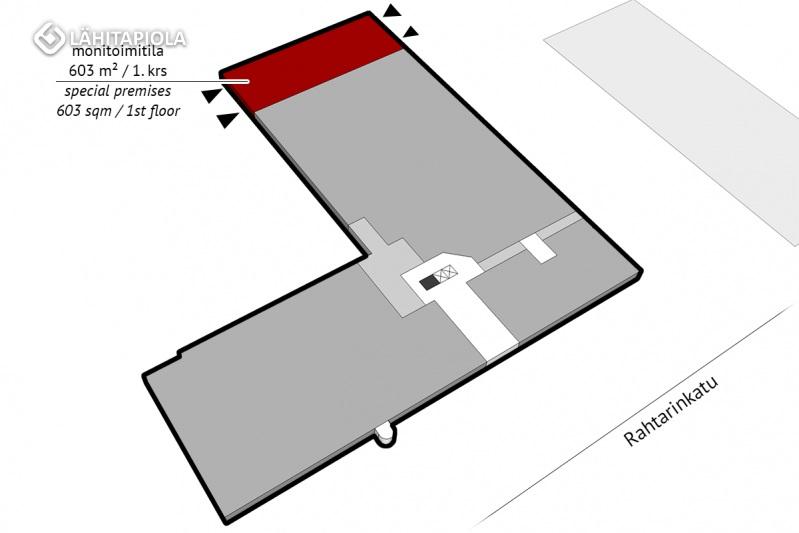 Tuotantotila 603 m² / 1. krs. Nykyaikainen raskaankaluston huoltohalli. Kaksi n. 300 m²:n lohkoa, jossa toisessa tilassa on huoltokuilu ja toisessa varaus jarrudynamometrille. Erikoisrakenteita.