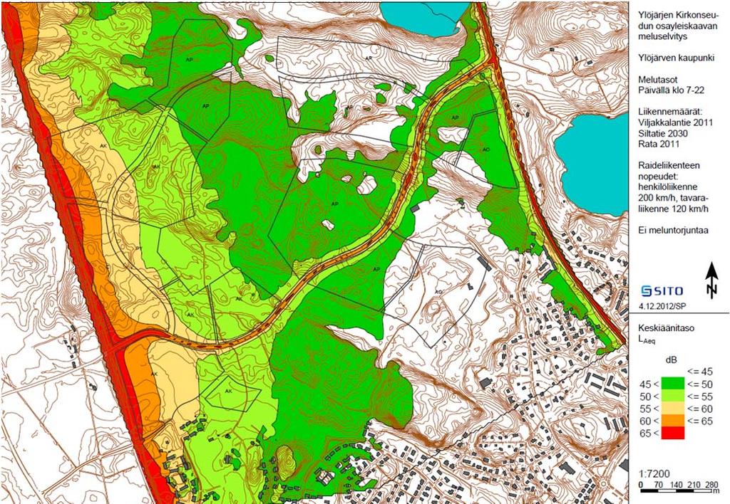 Ylöjärven Kirkonseudun osayleiskaavan muutoksen melu- ja tärinäselvityksen päivitys 8 Kuva 3. Melutasot päivällä (raideliikenne nopeusrajoitusten mukaan).