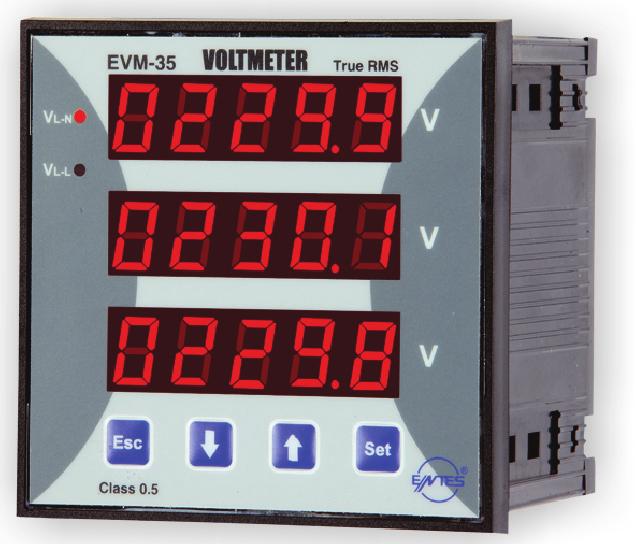 Jännitemittarit EV M / EVMR Sarja EVM35 24 250 VAC/DC ( for EVM35/5) Mittausaue muuntajaa 40 V (EVM35/5) Taruusuoa 0,5 (EVM35/5) IP54 (EVM35/5) True RMS mittaus