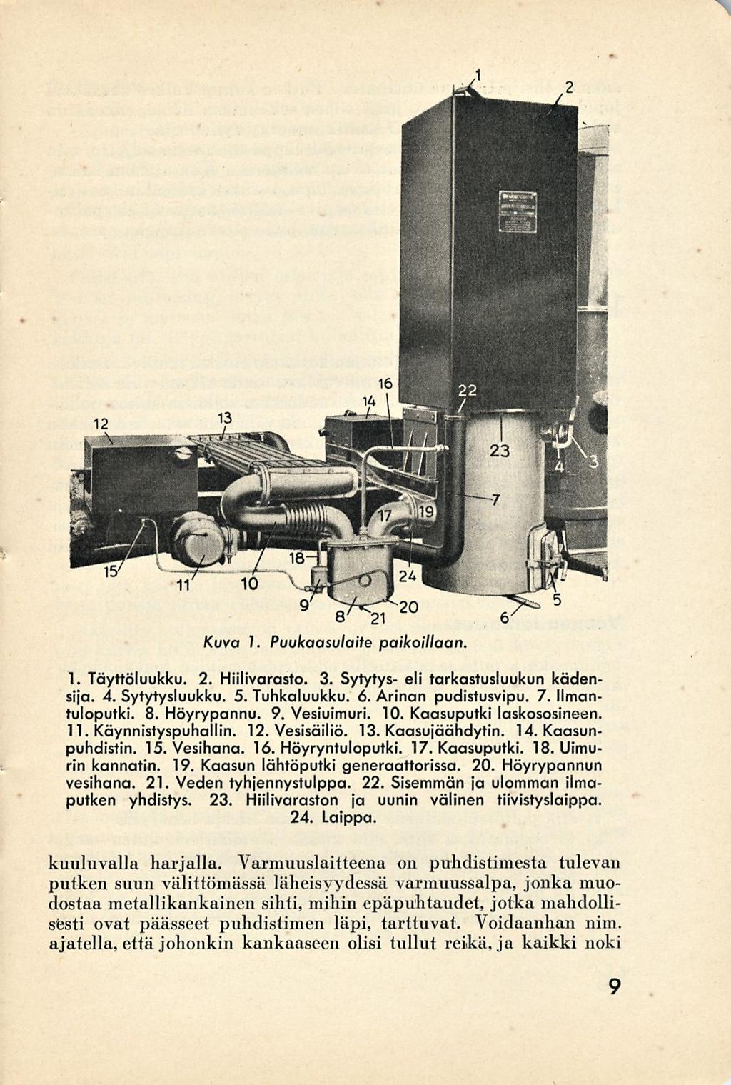 Kuva 7. Puukaasulaite paikoillaan. I. Täyttöluukku. 2. Hiilivarasto. 3. Sytytys- eli tarkastusluukun kädensija. 4. Sytytysluukku. 5. Tuhkaluukku. 6. Arinan pudistusvipu. 7. Ilmantuloputki. 8.