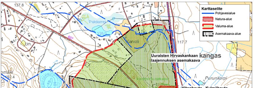 FCG SUUNNITTELU JA TEKNIIKKA OY NATURATARVEARVIOINTI 14 (32) 15.2.2016 Kuva 5. Kylmähaudan lähteikön valuma alue ja Hirvaskankaan pohjavesialue. 5 Muut lähialueen hankkeet ja suunnitelma 5.